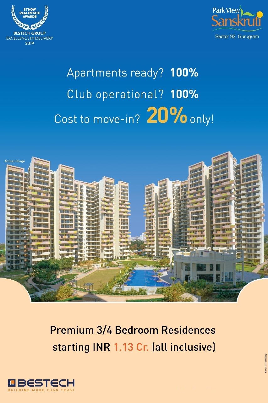 Book premium 3 and 4 Bedroom residences starting Rs 1.13 Cr at Bestech Park View Sanskruti in Gurgaon